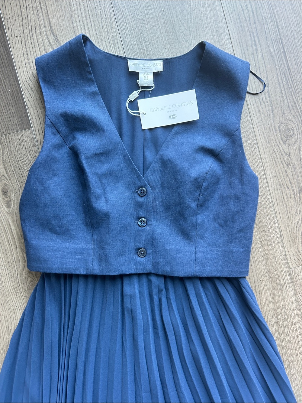 Tuckernuck Caroline Constas Blue Pleated Midi Dress with Cropped Vest Bodice NWT - Picture 2 of 4